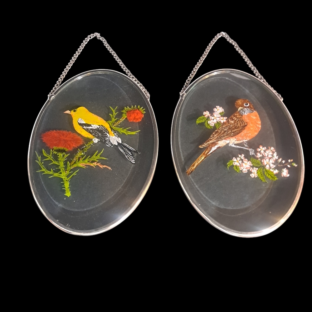 Vintage Lyford Beveled Oval Glass Window Suncatchers Robins & Yellow Finch Lot/2